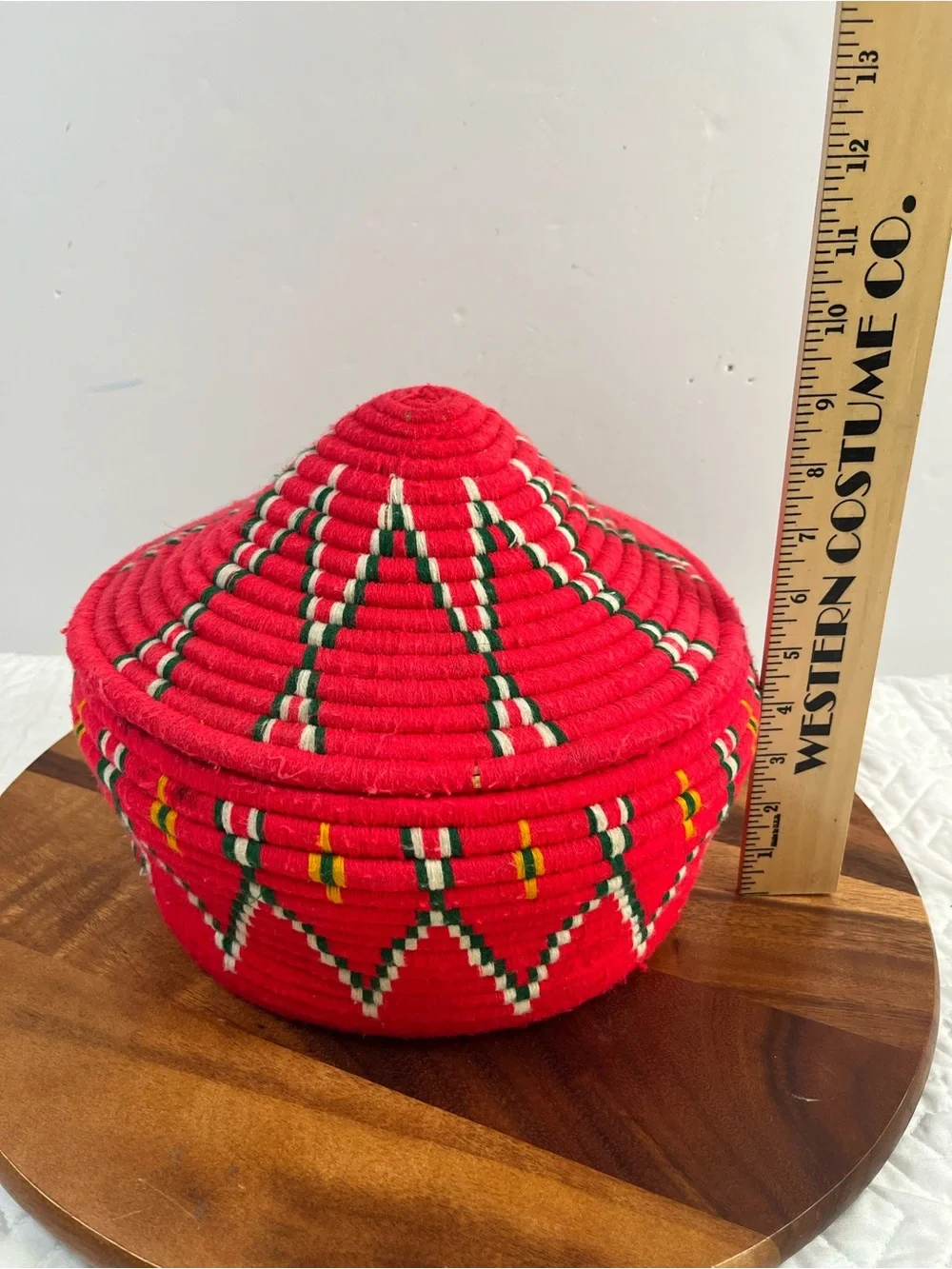 Vintage Ethiopian Handwoven Red Decorative Storage Basket with Lid